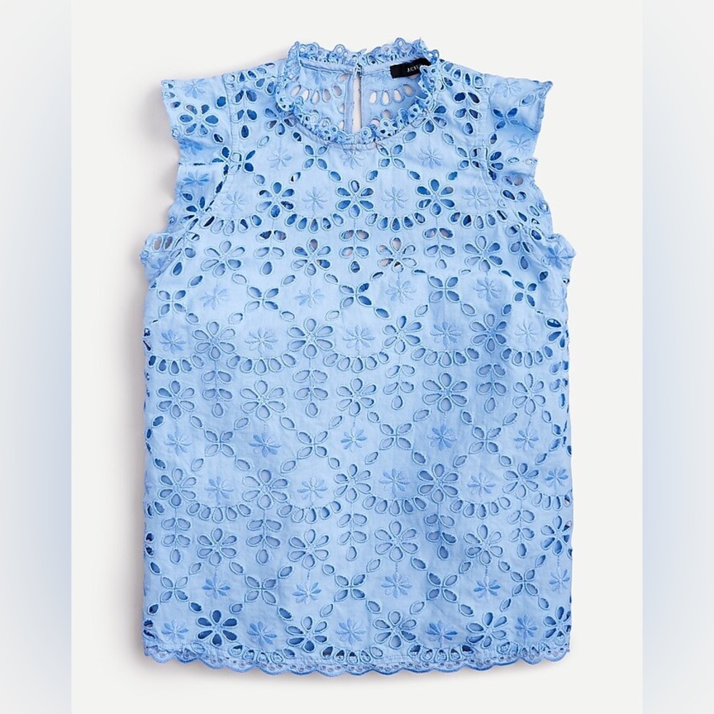 J.Crew Mockneck Embroidered Eyelet Top Blue Sleeveless Scalloped XXS NWT